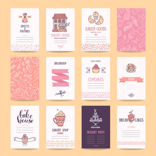 Bakery And Pastry Shop Business Cards, Menu Design Bakery and pastry shop business cards, cafe poster, restaurant menu, food flyers. Artistic templates collection with hand drawn design elements, lettering, bakehouse logo, cake, pancake icons, sweets pattern. Isolated vector set. candy store stock illustrations