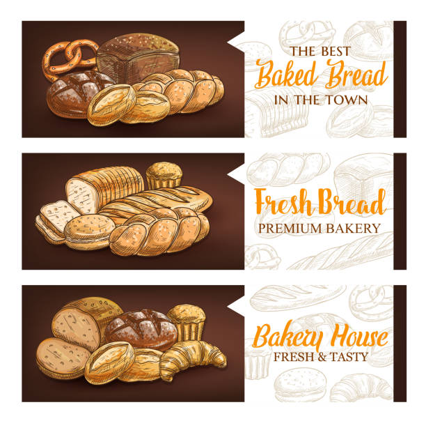 illustrazioni stock, clip art, cartoni animati e icone di tendenza di striscioni sui prodotti della panetteria e della pasticceria - panettone