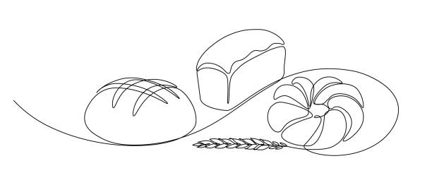 Bakery assortment Bakery products with wheat ear in continuous line art drawing style. Black line sketch on white background. Vector illustration bakery illustrations stock illustrations