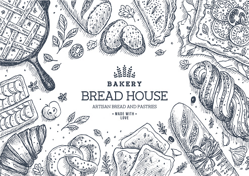 Bakery background. Linear graphic. Bread and pastry collection. Bread house.