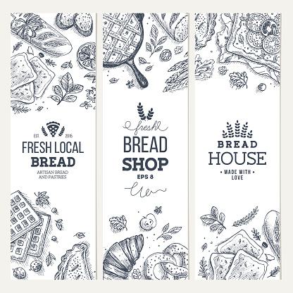 Bakery background. Linear graphic. Bread banner collection. Vertical banner set.