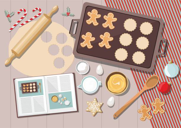 tło piekarnicze ze składnikami do gotowania świątecznego pieczenia. cukier, jajka i przyprawy na stole kuchennym,widok z góry. - christmas table stock illustrations