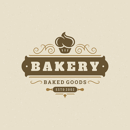 Bakery badge or label retro vector illustration. Cupcake silhouette for bakehouse. Vintage typographic logo design.