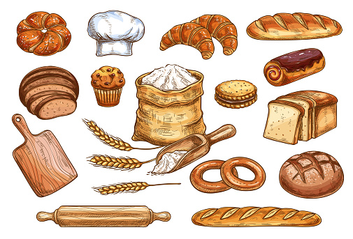 Bakery bread and pastry cakes vector sketch