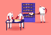 Bakery Factory and Food Production Concept. Bakers Characters Kneading Dough and Put Raw Bread Loafs to Oven for Baking. Workers on Modern Confectionery Manufacture. Cartoon Flat Vector Illustration