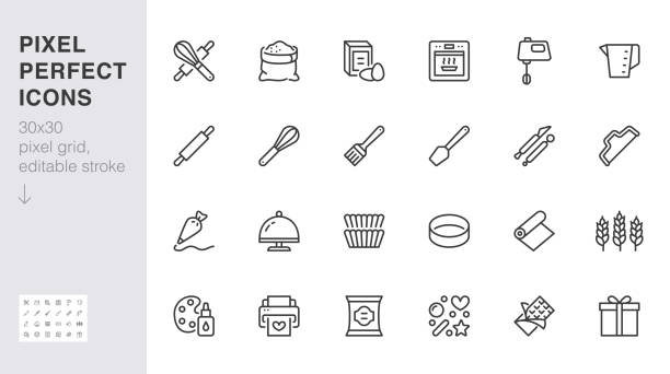 Bakery line icon set. Baking tool - confectionery bag, dough roll, cake decorating, pastry ingredient minimal vector illustration. Simple outline sign of cooking. 30x30 Pixel Perfect, Editable Stroke Bakery line icon set. Baking tool - confectionery bag, dough roll, cake decorating, pastry ingredient minimal vector illustration. Simple outline sign of cooking. 30x30 Pixel Perfect, Editable Stroke. editable stroke illustrations stock illustrations