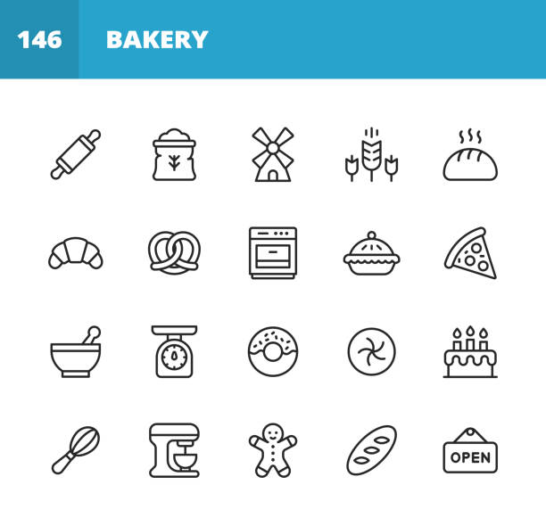 Bakery Line Icons. Editable Stroke. Pixel Perfect. For Mobile and Web. Contains such icons as Bakery, Food, Restaurant, Pizza, Cake, Bread, Hamburger, Sandwich, Pancake, Doughnut, Apple Pie, Biscuit, Dessert. 20 Bakery Outline Icons. Bakery, Food, Restaurant, Pizza, Cake, Bread, Hamburger, Sandwich, Pancake, Doughnut, Apple Pie, Biscuit, Dessert, Rolling Pin, Flour, Windmill, Gluten Free, Croissant,  Pretzel, Stove, Cooking, Baking, Bowl, Birthday Cake, Mixer, Kaiser Roll, Gingerbread. coffee cake stock illustrations