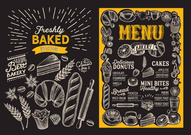 Bakery menu food template for restaurant with doodle hand-drawn graphic. Bakery menu template for restaurant on a blackboard background vector illustration brochure for food and drink cafe. Design layout with vintage lettering and doodle hand-drawn graphic. breakfast borders stock illustrations
