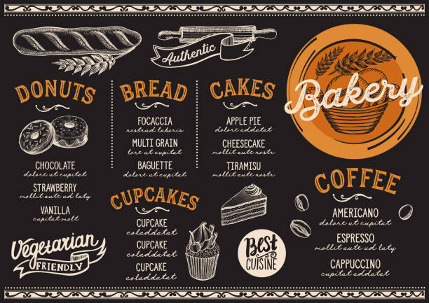 illustrations, cliparts, dessins animés et icônes de boulangerie restaurant menu, modèle alimentaire. - boulangerie