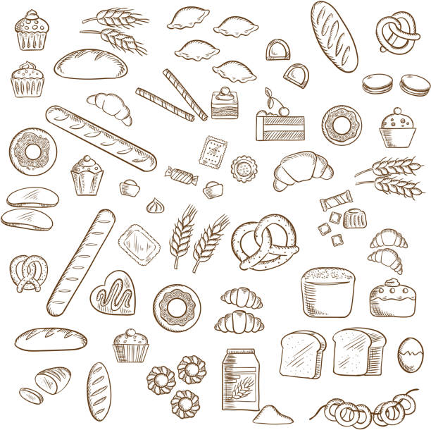 Bakery, pastry and confectionery sketches Bakery, pastry and confectionery sketched icons with various breads and loafs, croissants and pretzels, donuts and cakes, cookies and cupcakes, candies and bagels bakery illustrations stock illustrations