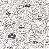 A hand drawing seamless pattern of bakery delights.