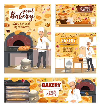 Bakery shop bread, pizza and baker pastry cakes