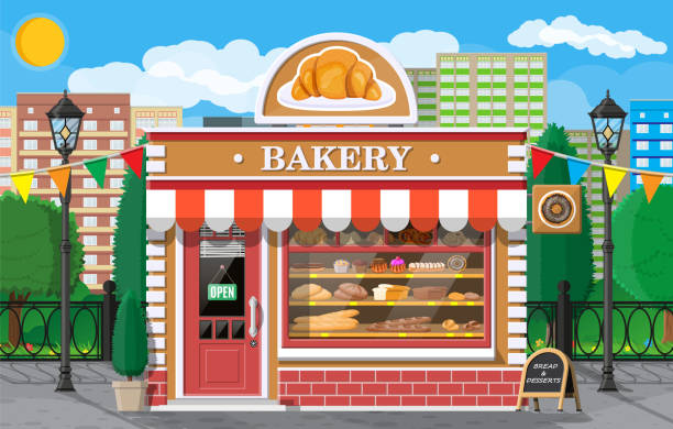 Bakery shop building facade with signboard. Bakery shop building facade with signboard. Baking store, cafe, bread, pastry and dessert shop. Showcases with bread, cake. City park, street lamp, trees. Market, supermarket. Flat vector illustration awning window stock illustrations
