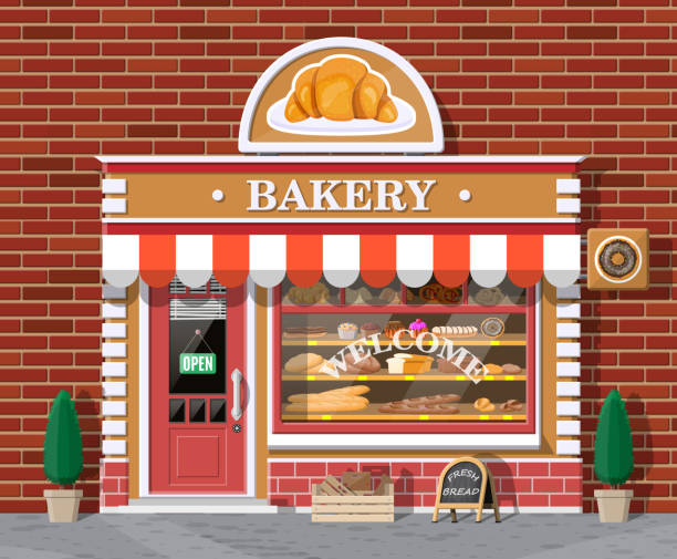 illustrations, cliparts, dessins animés et icônes de façade de bâtiment de magasin de boulangerie avec le panneau d'affichage. - boulangerie