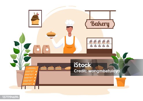 istock Bakery Shop Building That Sells Various Types of Bread such as White Bread, Pastry and Others All Baked in Flat Background for Poster Illustration 1371194694