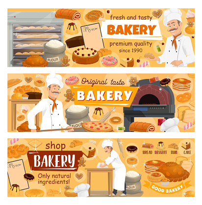 Bakery shop cakes, baker patisserie pastry menu