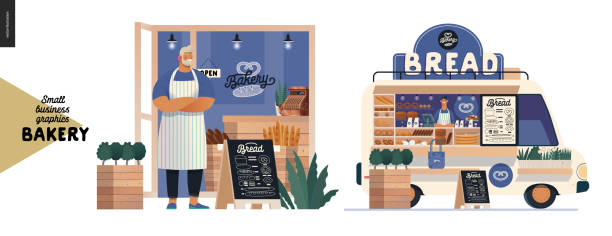 stockillustraties, clipart, cartoons en iconen met bakkerij-kleine business graphics-café eigenaar en food truck - small business owner