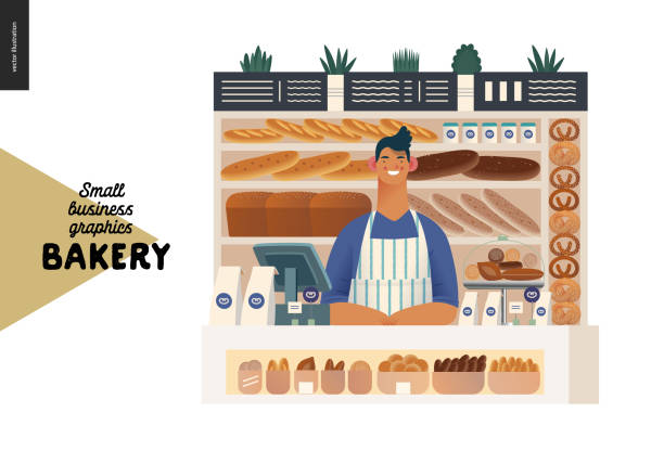 Bakery - small business graphics - vendor Bakery -small business illustrations -bakery vendor -modern flat vector concept illustration of a shop assistant wearing apron at the counter with display case and shelves full of bread behind bakery illustrations stock illustrations