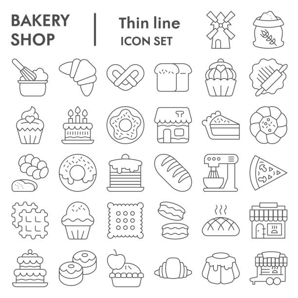 Bakery thin line icon set. Bakery shop signs collection, sketches, logo illustrations, web symbols, outline style pictograms package isolated on white background. Vector graphics. Bakery thin line icon set. Bakery shop signs collection, sketches, logo illustrations, web symbols, outline style pictograms package isolated on white background. Vector graphics baking illustrations stock illustrations