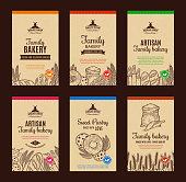 Bakery label templates, bakery backgrounds with baked goods, hand-drawn food illustrations, and icons