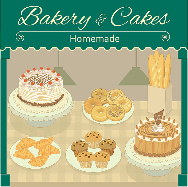 bakery&cakes Vector drawing bakery&cakes home made cafe.The bakery products&cakes display in shop. coffee cake stock illustrations