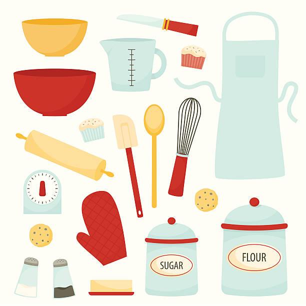 Baking and Kitchen Equipment A fun and colorful group of coordinated kitchen equipment used while baking or cooking delicious food baking illustrations stock illustrations