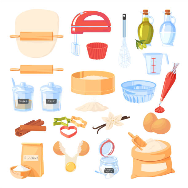 bildbanksillustrationer, clip art samt tecknat material och ikoner med bakning ingredienser och köksredskap ikoner. vektor platt tecknad illustration. designelement för matlagning och recept - baking