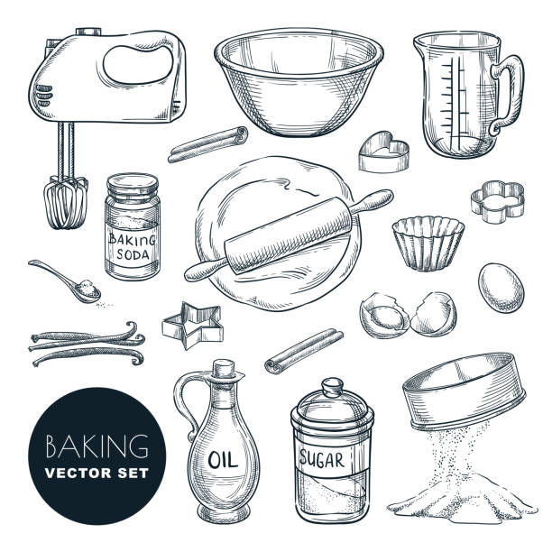 Baking ingredients and kitchen utensil icons. Vector flat cartoon illustration. Cooking and recipe design elements Baking ingredients and kitchen utensil icons. Vector hand drawn sketch illustration. Cooking and recipe design elements set, isolated on white background. baked stock illustrations