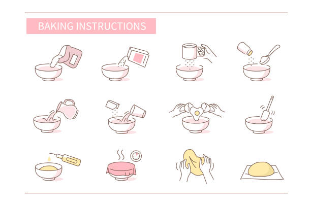 baking instruction Instruction How to Prepare and Cook Dough for Bakery. Baking Ingredients and Food Preparation Symbols. Dough Flour Recipe. Flat Vector Illustration and Icons set. baking illustrations stock illustrations