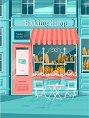 Baking Shop with Showcases Full of Fresh Pastry and Baked Products and Comfort Outdoor Seats on City Street. Bread, Cakes or Sweets Store. Building Facade Exterior. Vector Flat Illustration