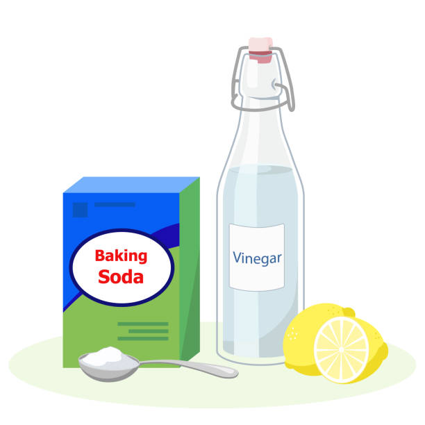 soda oczyszczona, butelka z białym octem, łyżka i cytryny do gotowania lub czyszczenia izolowane na białym tle ilustracja wektorowa. - soda stock illustrations