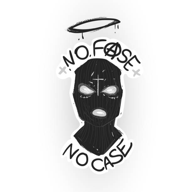 Balaclava face and lettering slogan No face no case sticker vector illustration. Youth style for the print in black dark colors. Fashion modern illustration for young stylish people. Street art style Balaclava face and lettering slogan No face no case sticker vector illustration. Youth style for the print in black dark colors. Fashion modern illustration  young stylish people. Street art style ski mask criminal stock illustrations