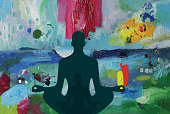Silhouette of a men meditating in lotus pose placed on vectorized abstract acrylic background.