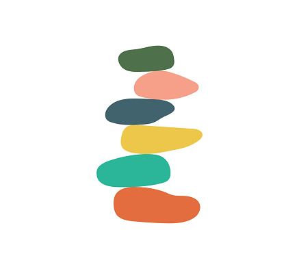 Balance of stone. Harmony of pebble. Logo of stack equilibrium of stones for zen, meditation and yoga. Emblem of pyramid of rock for buddhism, relax, and health. Rainbow icon for inspiration. Vector.