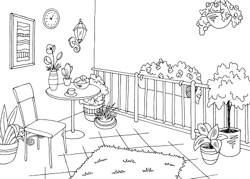 Balcony garden graphic black white interior sketch illustration vector