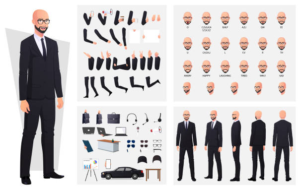 stockillustraties, clipart, cartoons en iconen met bald man wearing suit and glasses character creation set with hand gestures, emotions and mouth animation premium vector - haaruitval