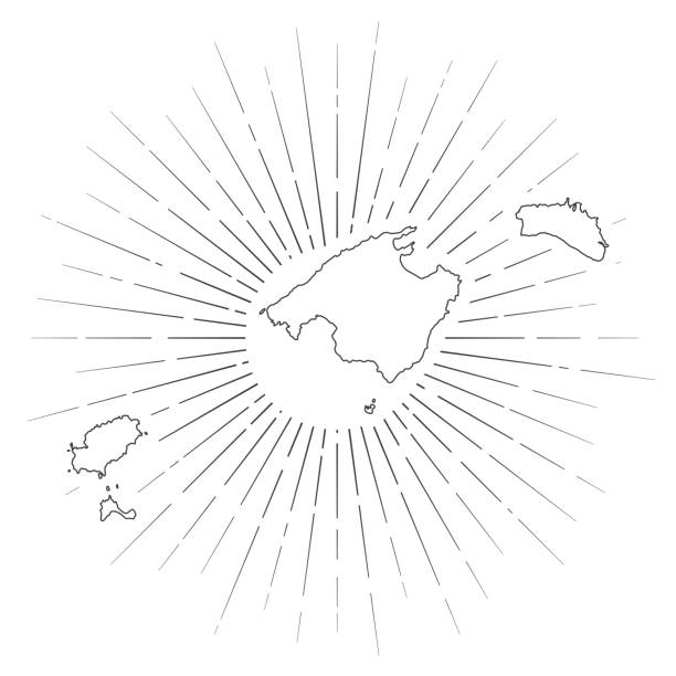 balearen karte mit sonnenstrahlen auf weißem hintergrund - ibiza stock-grafiken, -clipart, -cartoons und -symbole