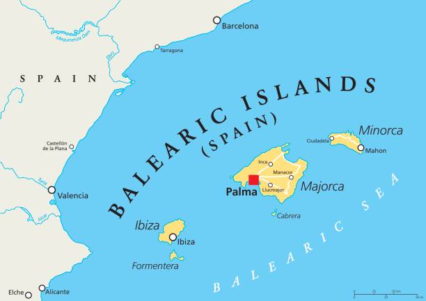 illustrazioni stock, clip art, cartoni animati e icone di tendenza di mappa politica delle isole baleari - ibiza