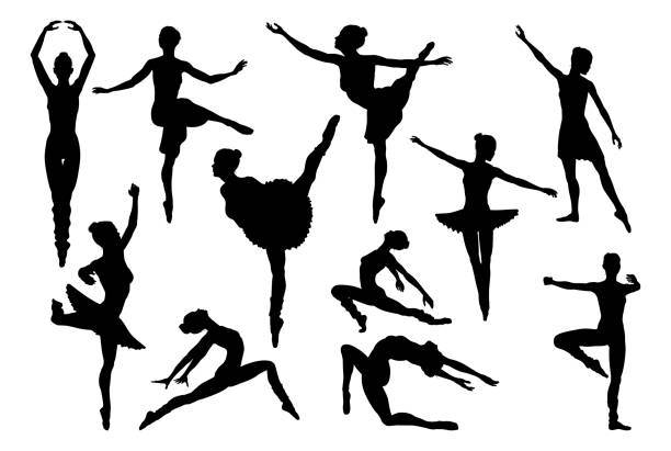 Ballet Dancer Dancing Silhouettes Silhouette ballet dancer woman dancing in various poses and positions gymnastic silhouette stock illustrations
