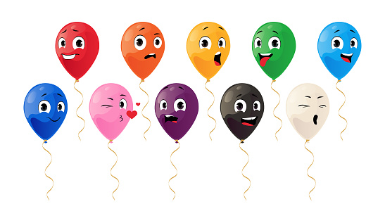 Balloon cartoon characters. Birthday party and carnival celebrate mascot symbols set with funny faces. Flying balls. Happy emotions. Sad expressions. Vector glossy colorful clipart