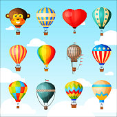 Balloon vector cartoon air-balloon or aerostat with basket flying in sky and ballooning adventure flight illustration set of ballooned traveling isolated on background.