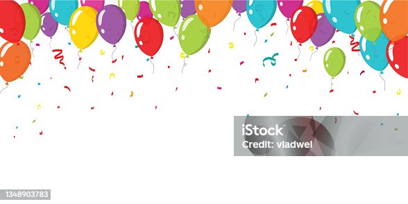 istock Balloons and confetti celebration of birthday party banner background frame template for copy space text vector or festive colorful fun baloons for anniversary event decoration on white flat cartoon 1348903783