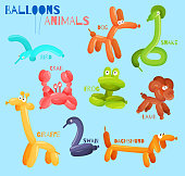 Balloon animals set with dog crab snake bird isolated vector illustration