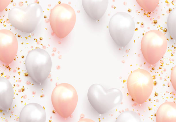 Balloons Background white and pink color. Balloons Background white and pink color. Celebrate party banner with helium baloons. Festive template with birthday and anniversary. Decorative realistic objects for poster. Vector 3d element balloon backgrounds stock illustrations