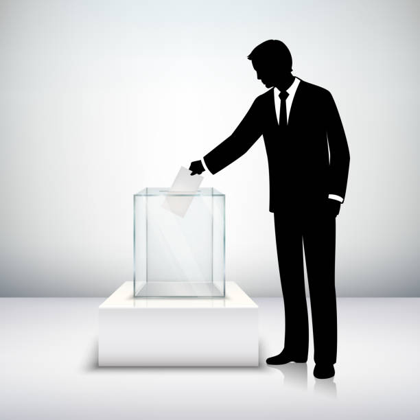 ballot box and silhouette Voting election concept with man silhouette putting vote paper in the ballot box isolated vector illustration voting silhouettes stock illustrations