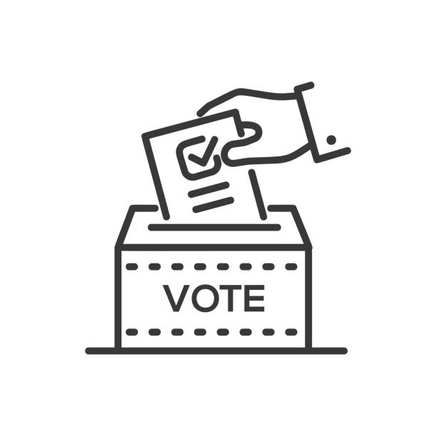 Ballot box - line design single isolated icon Ballot box - line design single isolated icon on white background. High quality black pictogram. An image of a hand with a ticked blank, a person is giving a vote. Election concept voting clipart stock illustrations