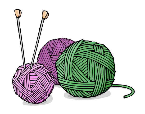 bildbanksillustrationer, clip art samt tecknat material och ikoner med bollar av ull för stickning grönt och lila färger och stickor. - knitting