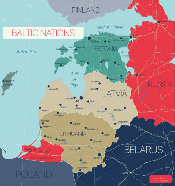 Baltic nations region Baltic nations region detailed editable map with cities and towns, roads and railways. Vector EPS-10 file belarus stock illustrations
