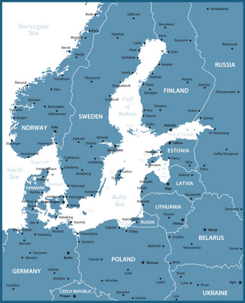 ostseeraum. politische landkarte mit geographischen grenzen von schweden, norwegen, polen, lettland und finnland - ostsee stock-grafiken, -clipart, -cartoons und -symbole