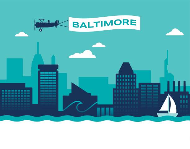 Baltimore Skyline Baltimore Maryland USA skyline concept illustration. inner harbor baltimore stock illustrations